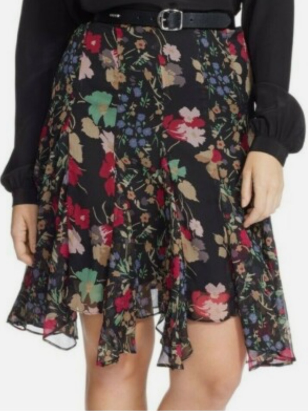 New Lauren Ralph Lauren Black Floral Chiffon Godet Skirt